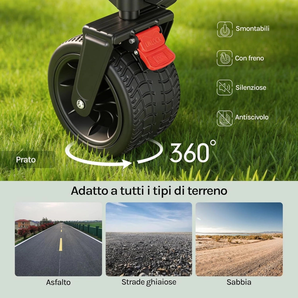 Carrello da Giardino con Ripiano Posteriore Ribaltabile, 205 L, Portata 180 kg, Carrello Pieghevole con 4 Ruote Grandi, Borsa Laterale, 2 Tasche Interne e 2 Portabicchieri, per Campeggio, Nero