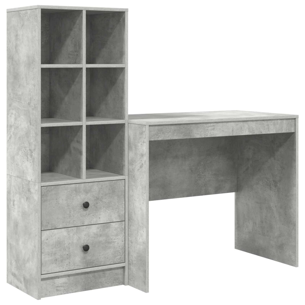 Scrivania | Tavolo da Ufficio con cassetto con lo scaffale 2 pz Grigio cemento