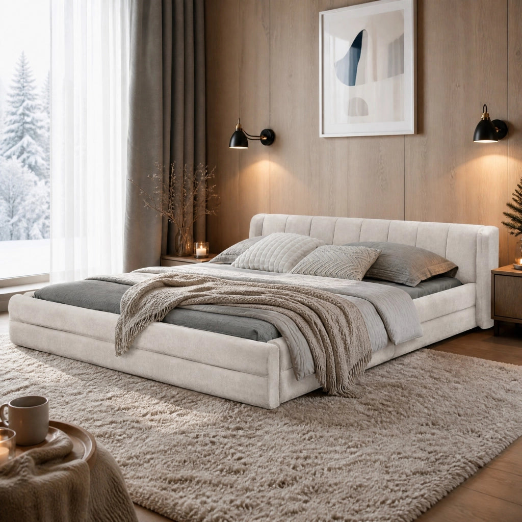 Letto matrimoniale imbottito 160x200 cm in ciniglia beige con testiera