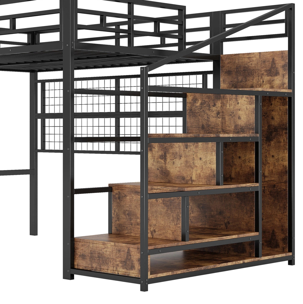 Letto a soppalco 140x200 cm; struttura robusta; scala guardaroba; metallo; nero; (Senza materasso)