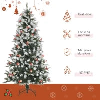 Albero di Natale Innevato 180cm con Bacche Rosse e Pigne Bianche, Base Rimovibile Pieghevole, 678 Rami, Verde