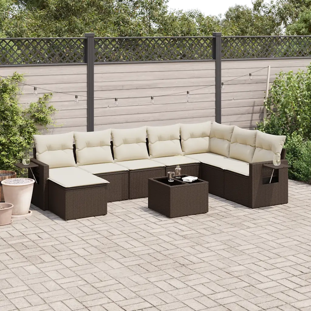 Set Divani da Giardino 9pz con Cuscini Marrone in Polyrattan