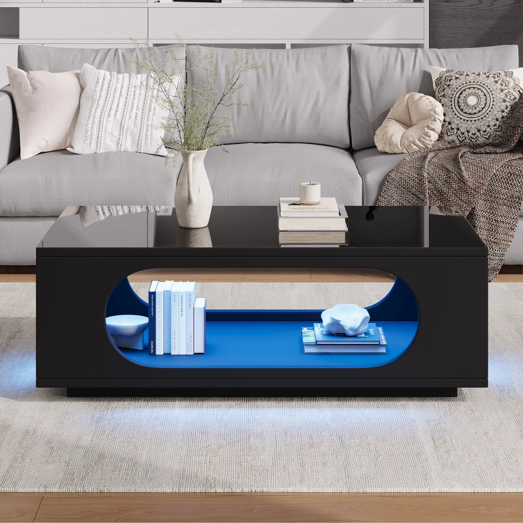 Tavolino lucido, illuminazione a LED, 100 x 50 x 35 cm, in MDF, con design traforato, nero