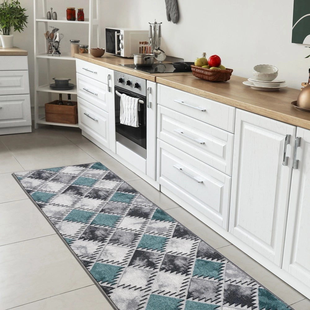 Tappeto Cucina Bordato Antiscivolo Assorbente Passatoia Colori Accesi Patchwork 57x190 Cm Azzurro