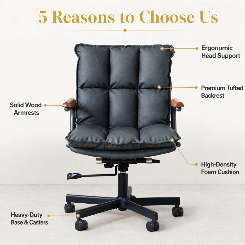 Sedia da ufficio girevole regolabile in similpelle nera; design Mid-Century Modern