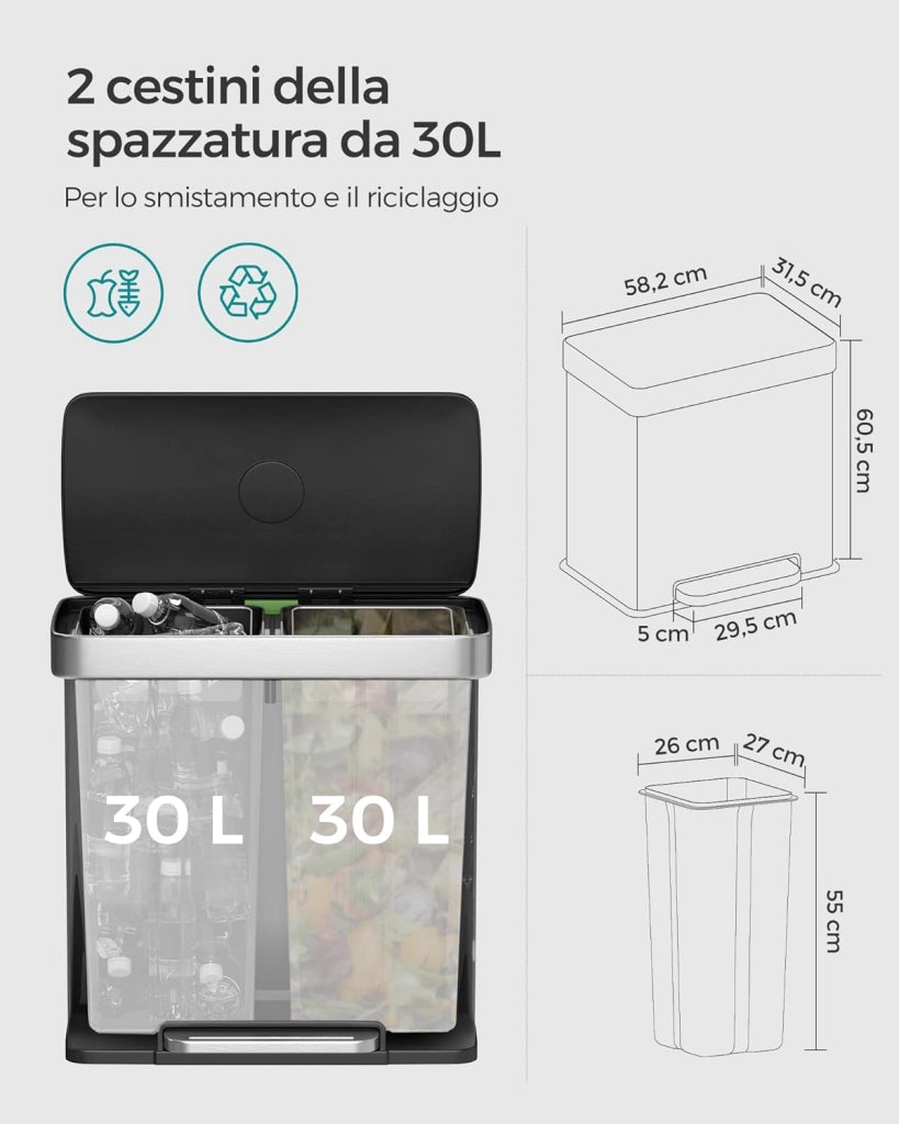 Pattumiera a Doppio Secchio, 2 x 30L, Cestino in Acciaio Inox e 15 Sacchetti di Rifiuti, con Secchi Interni in Plastica, Coperchi a Chiusura Morbida, 58,2 x 31,5 x 60,5 cm, Nero LTB202B01