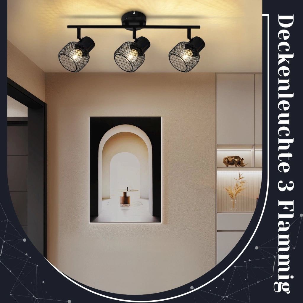 ZMH Lampada da soffitto 3 faretti orientabili E27 metallo nero stile retrò 25W per soggiorno corridoio cucina cameretta