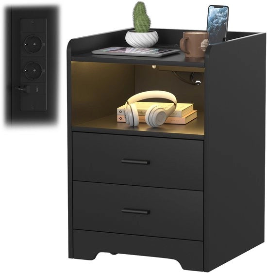 Nachtkastini con illuminazione LED regolabile e ante, stile moderno, nero