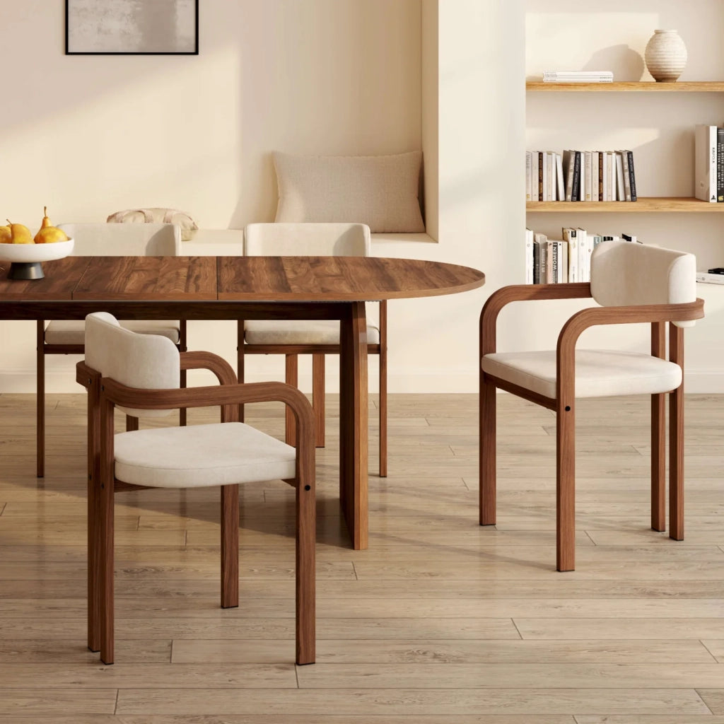 IDMarket - Set di 4 sedie da pranzo e poltroncine da tavolo ESMA in metallo effetto noce e tessuto di ciniglia beige con braccioli
