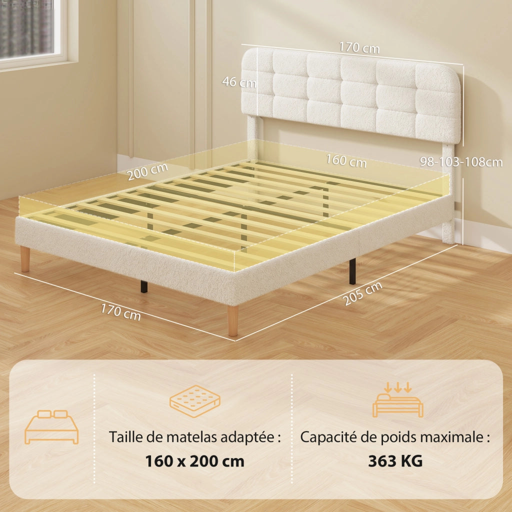 Letto Imbottito Matrimoniale con Testiera Regolabile ¨C zephmum ¨C 160x200 cm Bianco Velluto Teddy