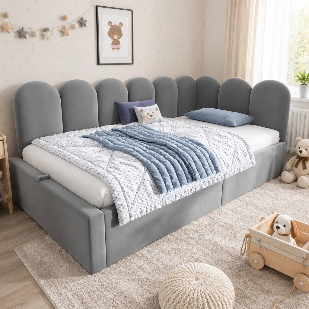 LETTO Daybed L-forma 90x190 cm in velluto grigio senza materasso