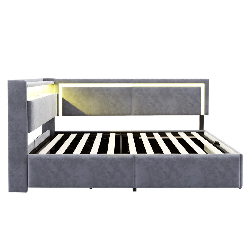 DESMIU Lit simple 90 × 200 cm con contenimento, LED, USB, senza materasso, in velluto, grigio chiaro
