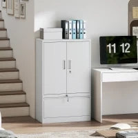 Mobile da Ufficio in Acciaio con Ripiano Interno Regolabile e Cassetto, 80x40x130 cm, Bianco