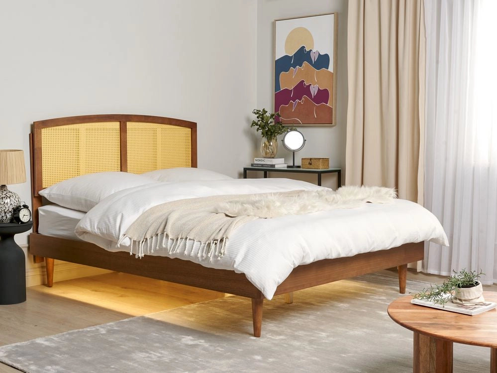 Letto in legno di gomma chiaro UE matrimoniale con LED 160 x200 cm con testiera a doghe Stile rustico minimalista