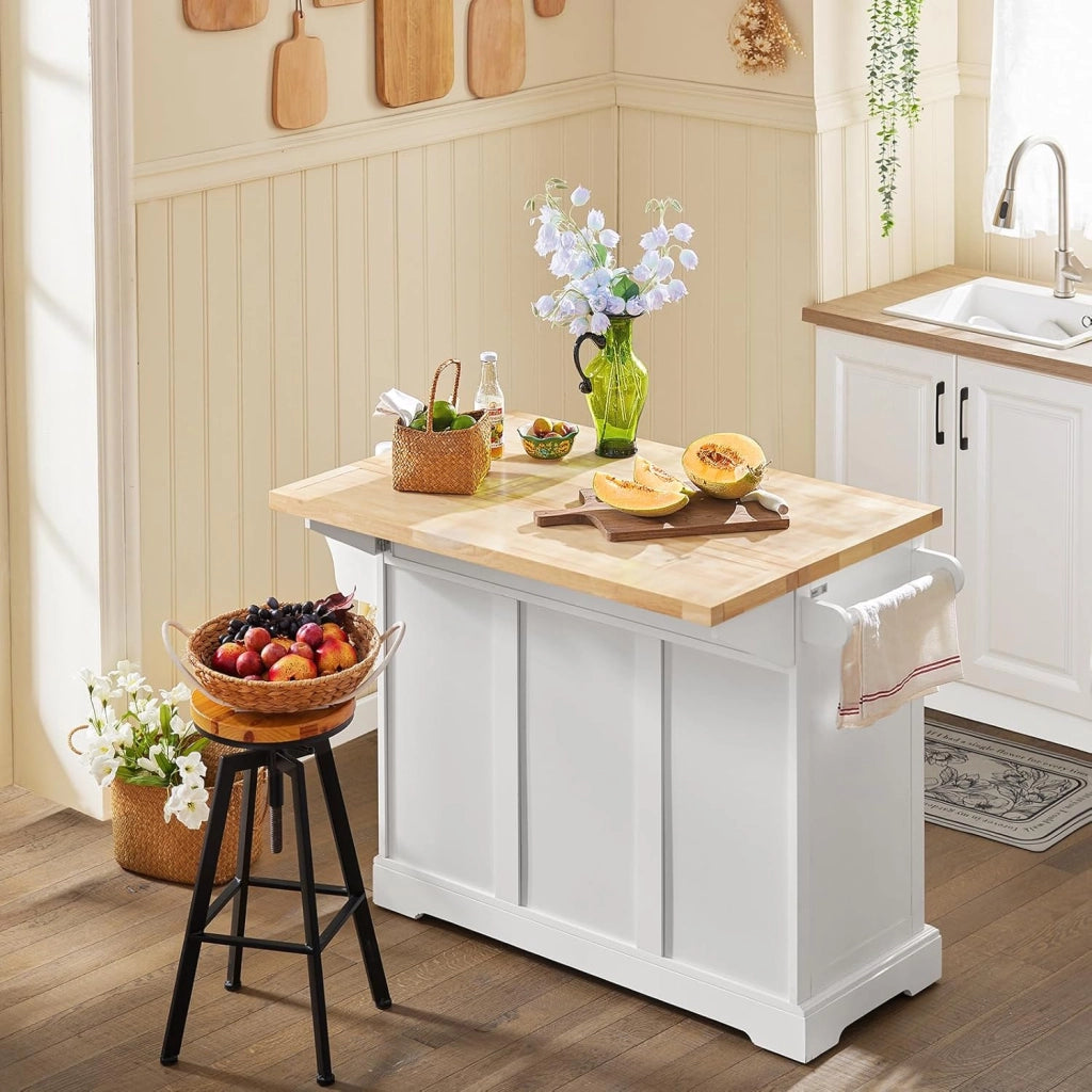 isola cucina con piano di lavoro in legno massello allungabile carrello da cucina con ruote mobile cucina con 3 cassetti Bianco 130x91x(46-71) cm FKW41-II-WN