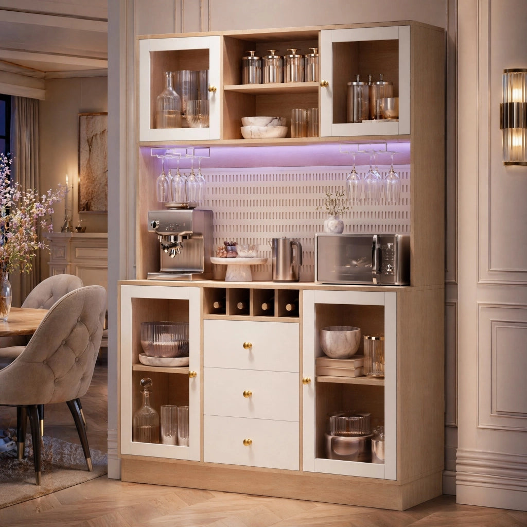 Mobile cucina alto 140x40x185,7 cm con LED smart, portabottiglie e portabicchieri bianco HAVRYA