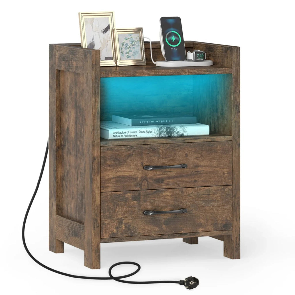 Comodino con illuminazione a LED 45 x 35 x 60 cm con comoda stazione di ricarica stile contemporaneo legno ingegnerizzato marrone rustico 20_0018586