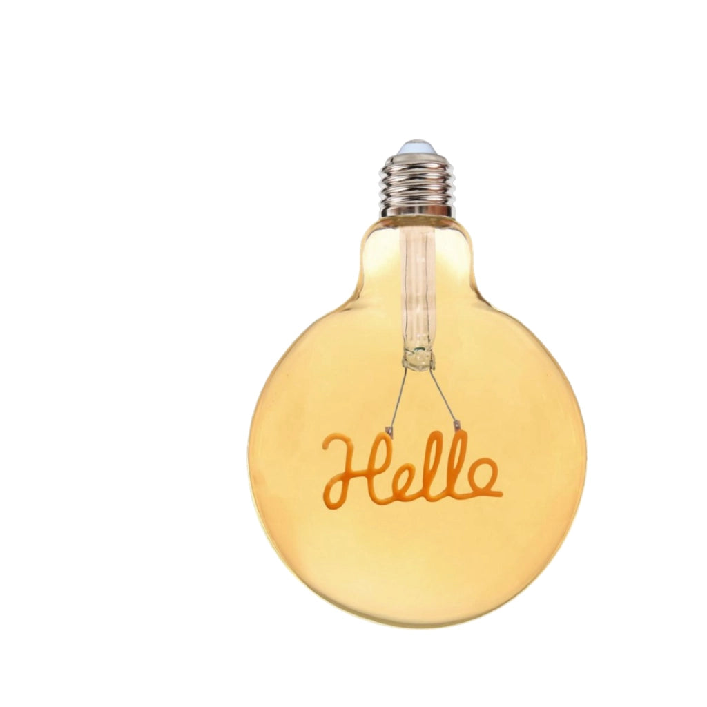 Lampadina globo a LED attacco E27 stile vintage con scritte filamento luce calda scritta Hello