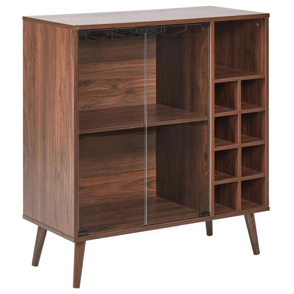Credenza espositiva con 2 ante frontali in vetro con ripiani e portabottiglie legno scuro stile tradizionale elegante