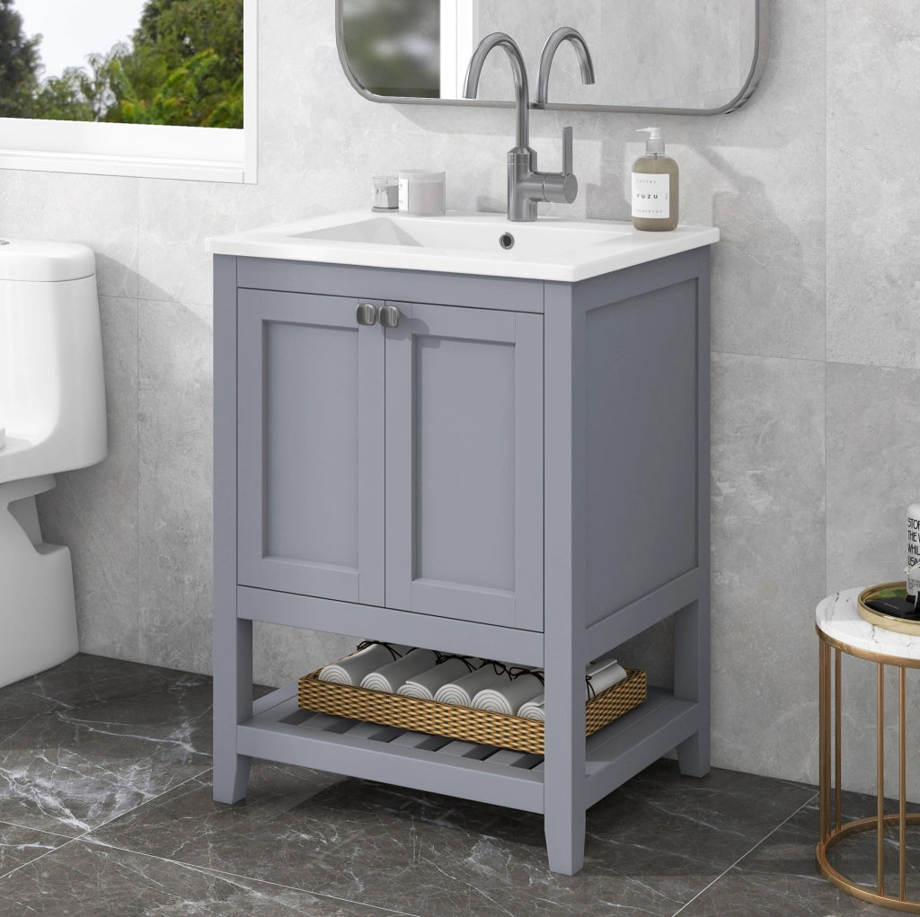 Mobile bagno con lavabo in ceramica; grigio e bianco