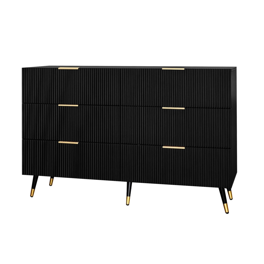 Sideboard moderno nero e oro con 6 cassetti, 120x77x40 cm, ampio spazio di archiviazione