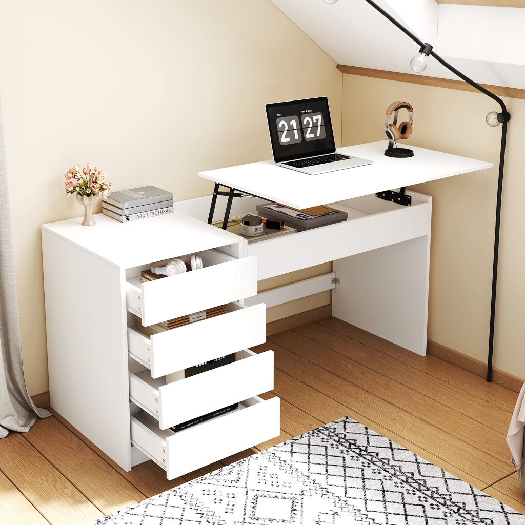 Scrivania bianca regolabile in altezza 120×50 cm con 4 cassetti e vano nascosto
