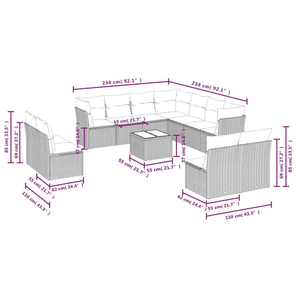 Set Divani da Giardino 12 pz con Cuscini Beige in Polyrattan