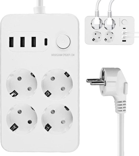 Pannello di alimentazione quadrifase con prese piatte USB e USB-C per ufficio e casa.