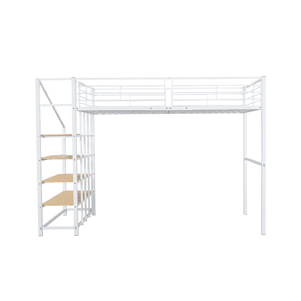Lit mezzanine superpos?? 140x200 cm - Xylo - Metallo con spazio di archiviazione e scala, bianco