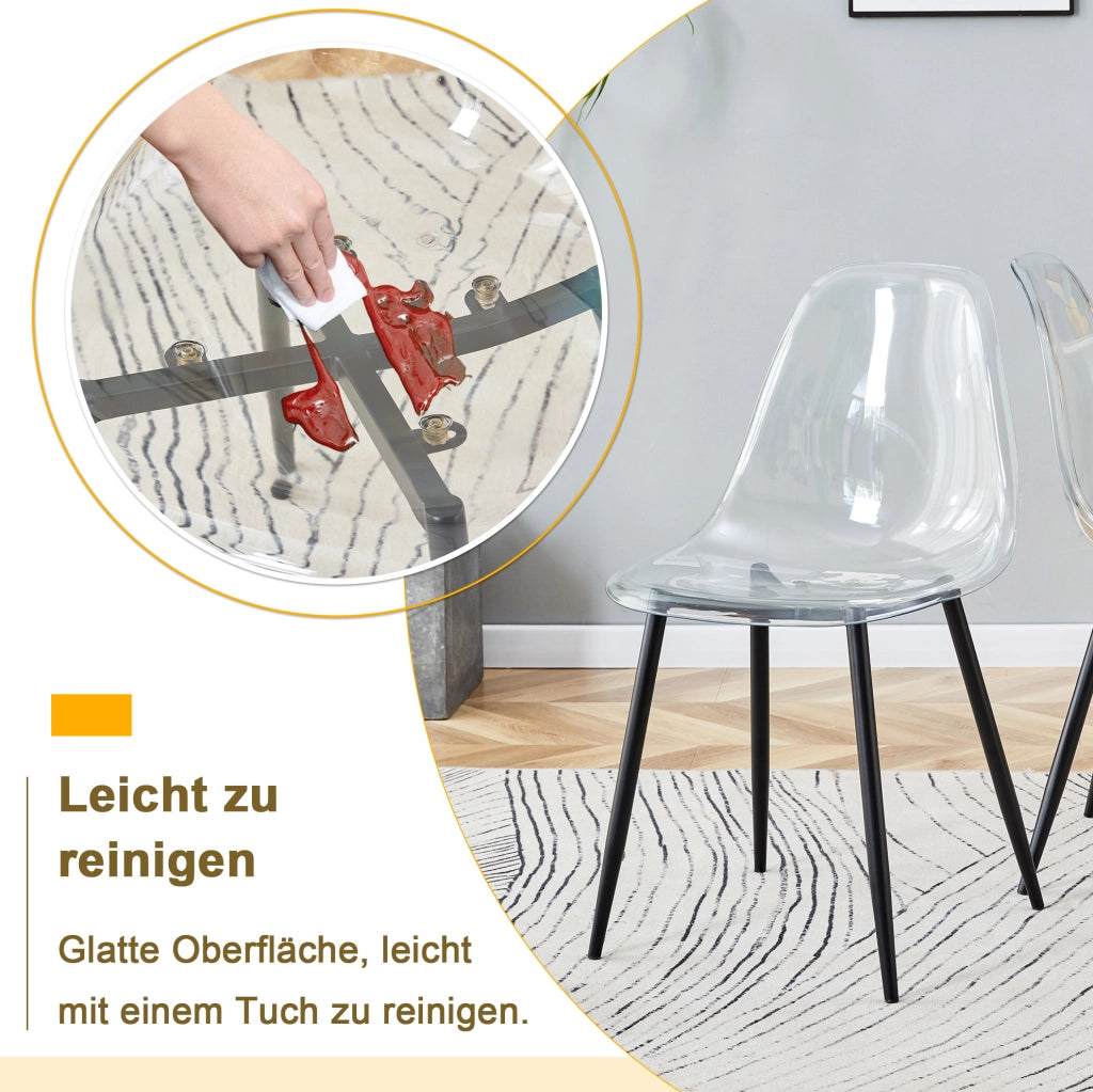 Set di 4 sedie da pranzo in plastica trasparente con gambe in metallo nero; 83 cm