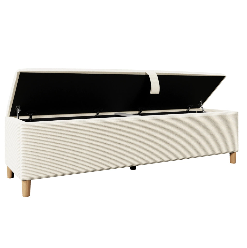 Letto matrimoniale 140x200 cm con LED; testiera con ripiani; panca contenitore; beige e rovere