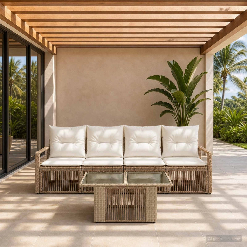 Set Divano da Giardino 5 pz Beige e Bianco Crema polyrattan 3437049
