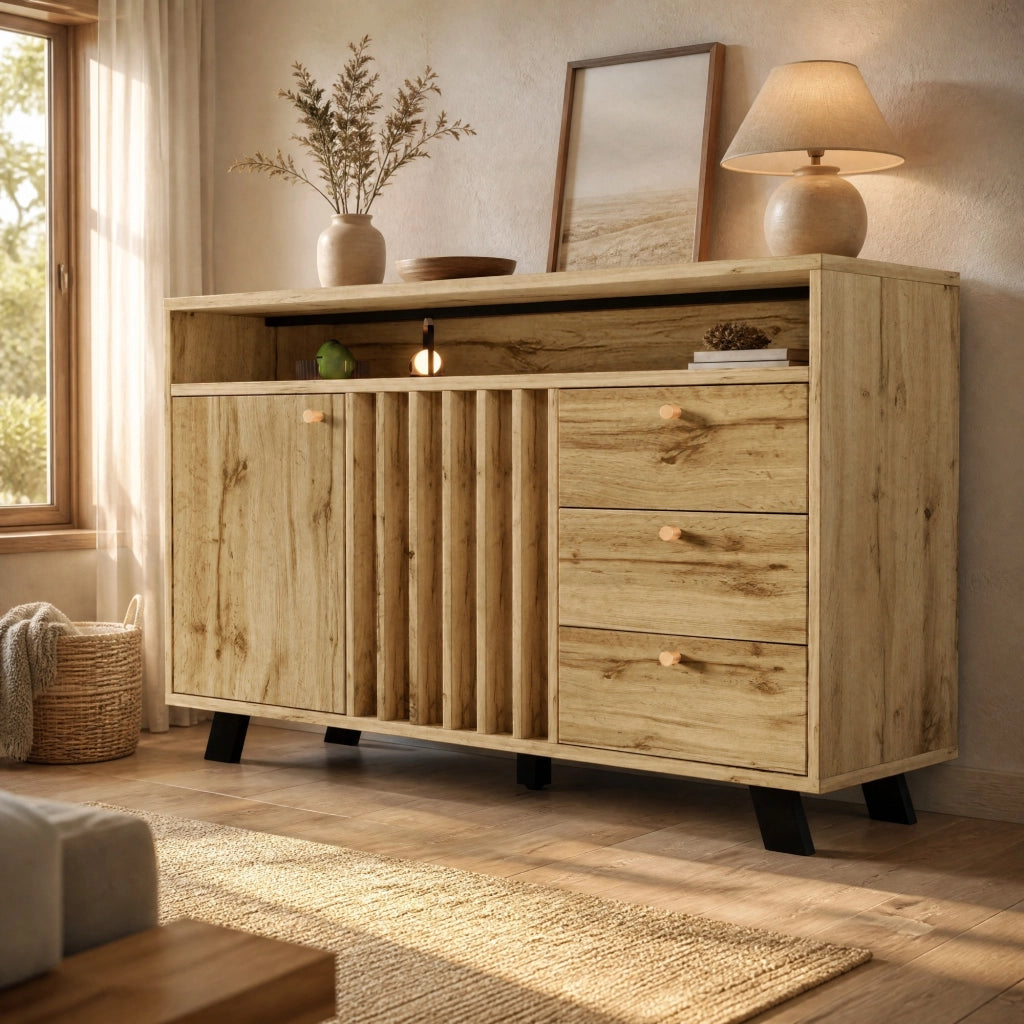 Credenza 120 cm rovere scuro con 3 cassetti e 2 ante