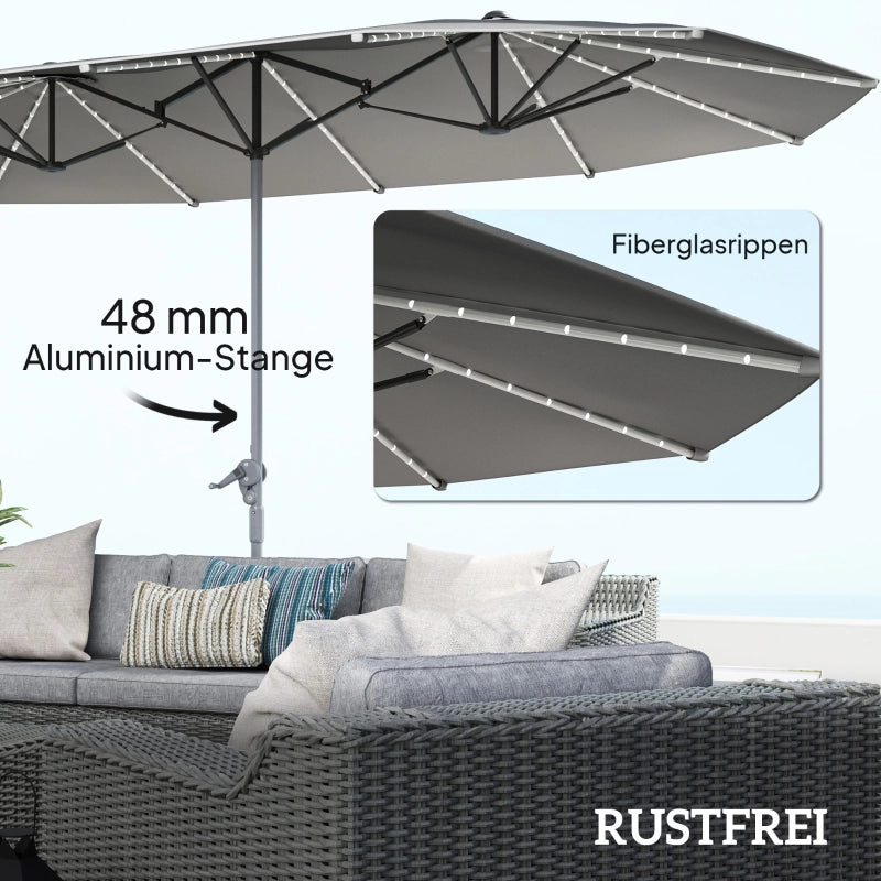 Doppio parasole ovale 451x267 cm con luci solari LED telaio in alluminio protezione UV 50+ antivento con manovella colore grigio scuro per mercato giardino balcone e spiaggia