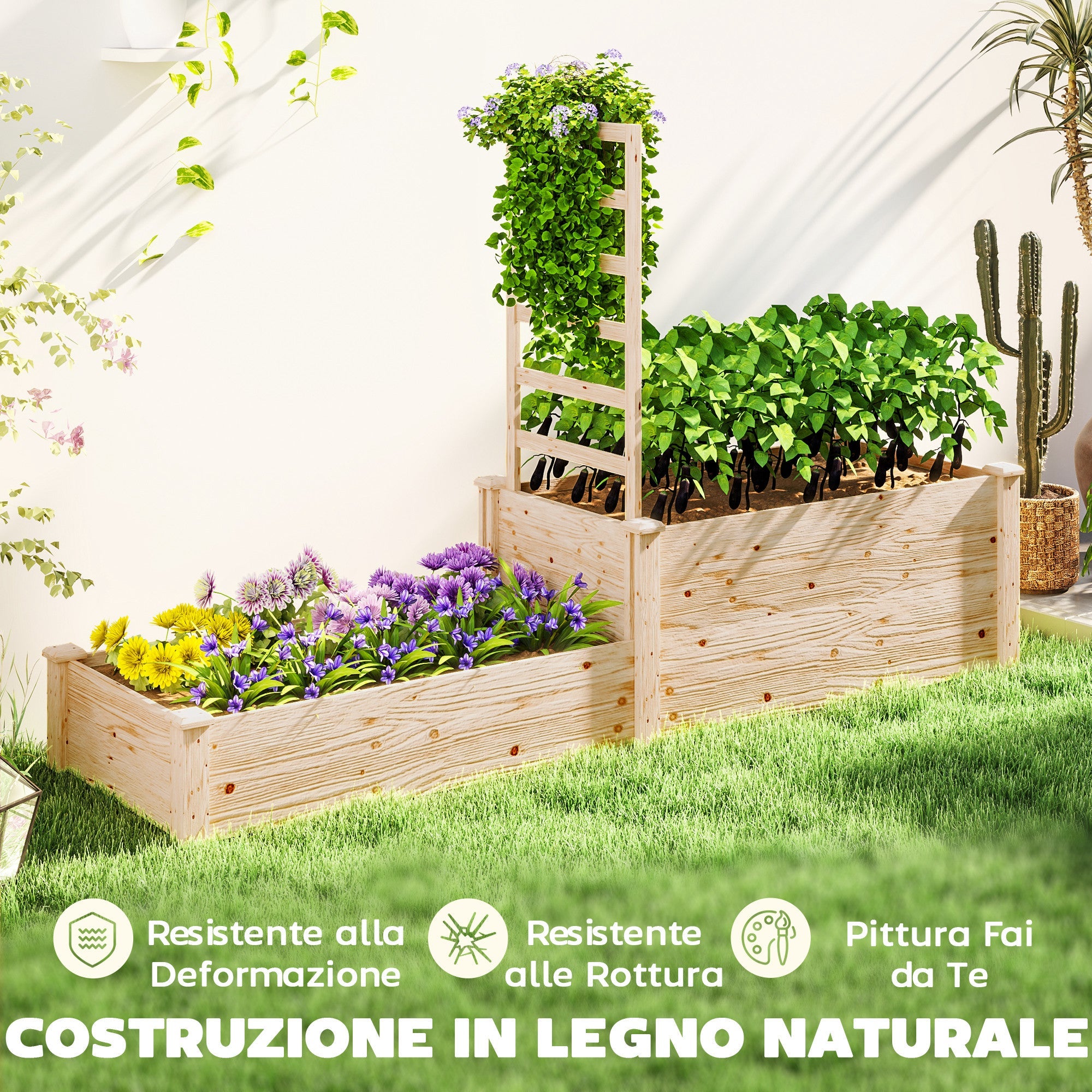 Fioriera Rialzata con Grigliato per Rampicanti e Divisorio 222x63x132 cm in Legno di Abete