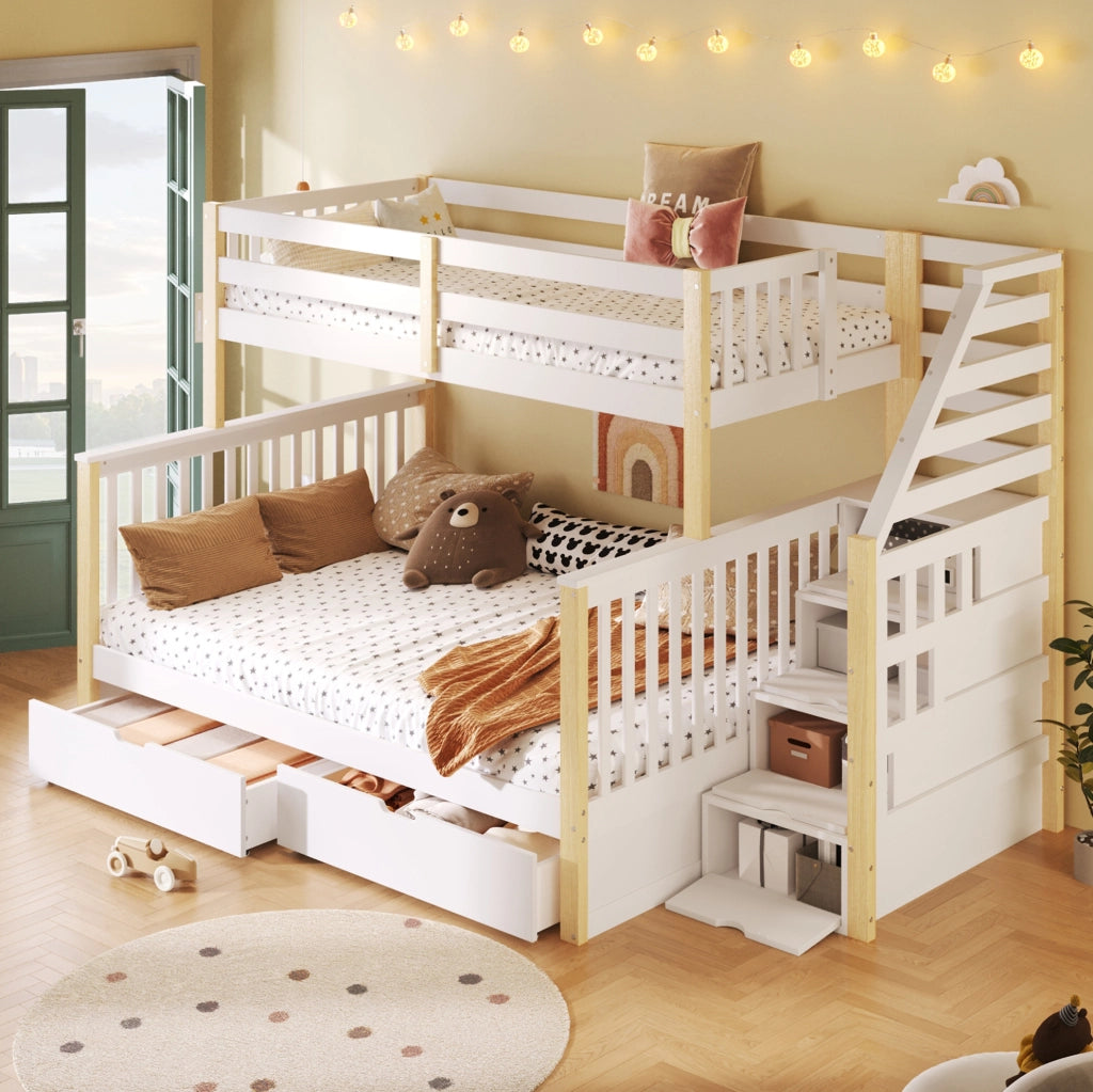 Letto a castello per bambini 90x200 e 140x200 cm in pino; bianco e naturale; con cassetti