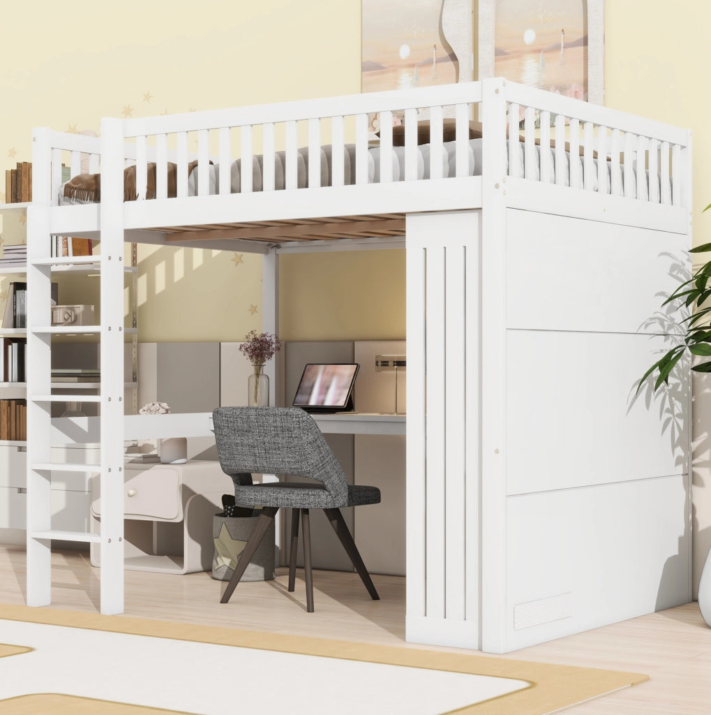 Letto a soppalco ULEVR 140x200 cm con scrivania, armadio, 3 cassetti e scala, bianco