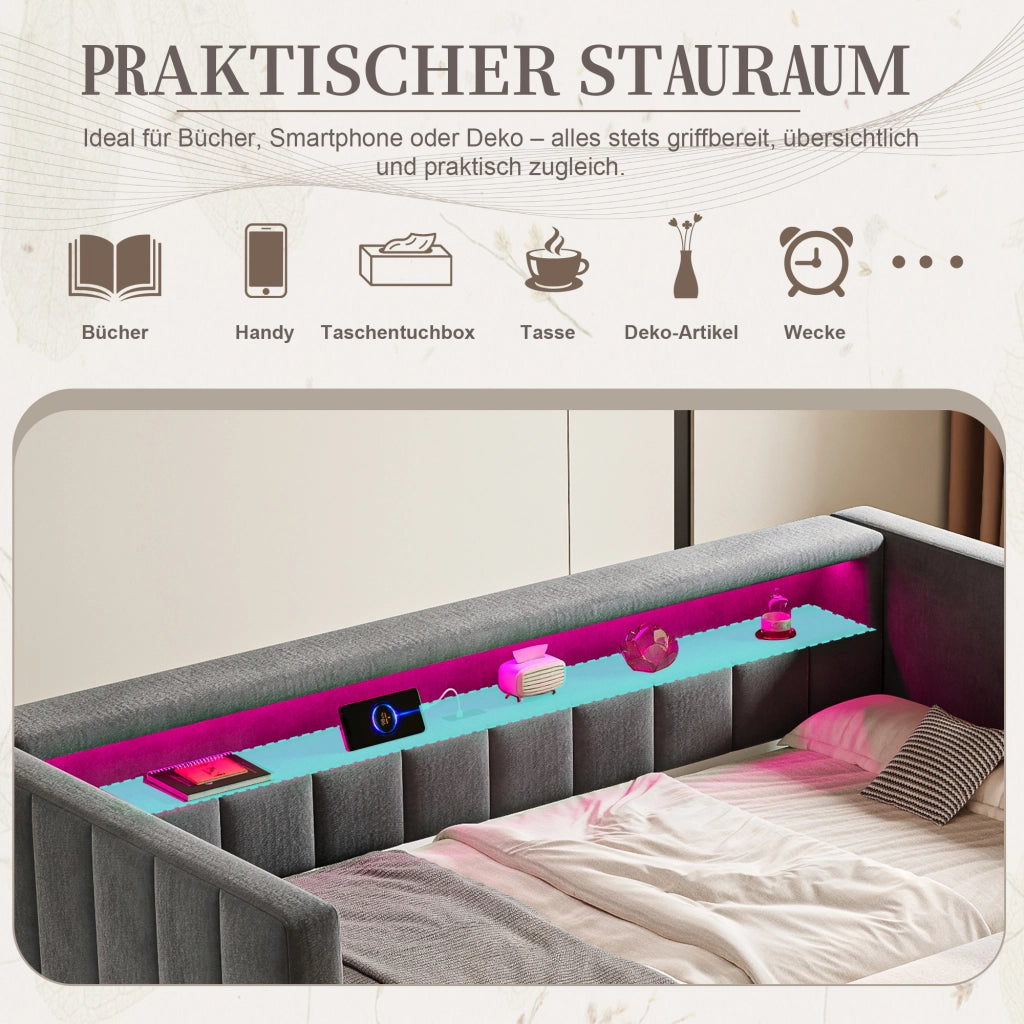 Letto divano estraibile 90 × 190 cm con LED regolabile, USB Type-C e contenitore, senza materasso, velluto grigio scuro