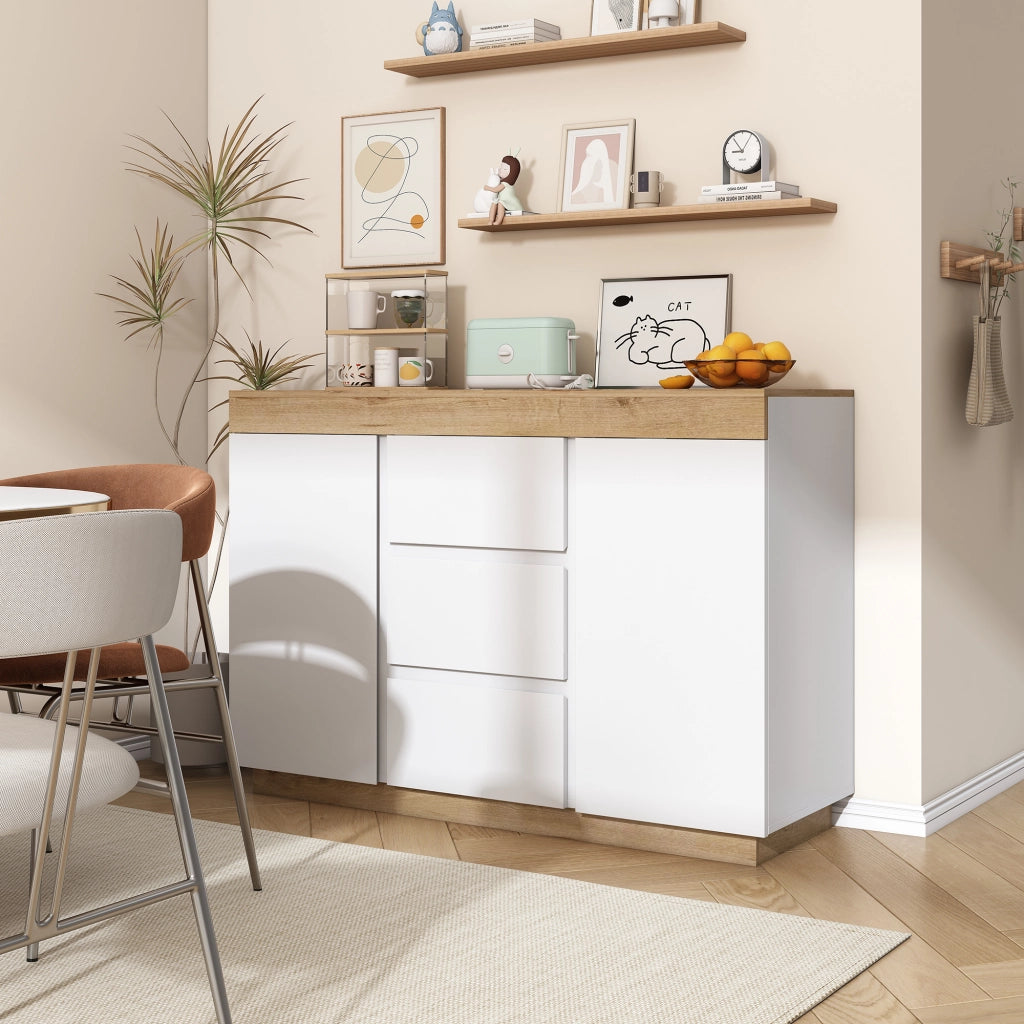 Cassettiera con 3 cassetti e 2 ante, mobile contenitore in truciolare E1, bianco e effetto rovere