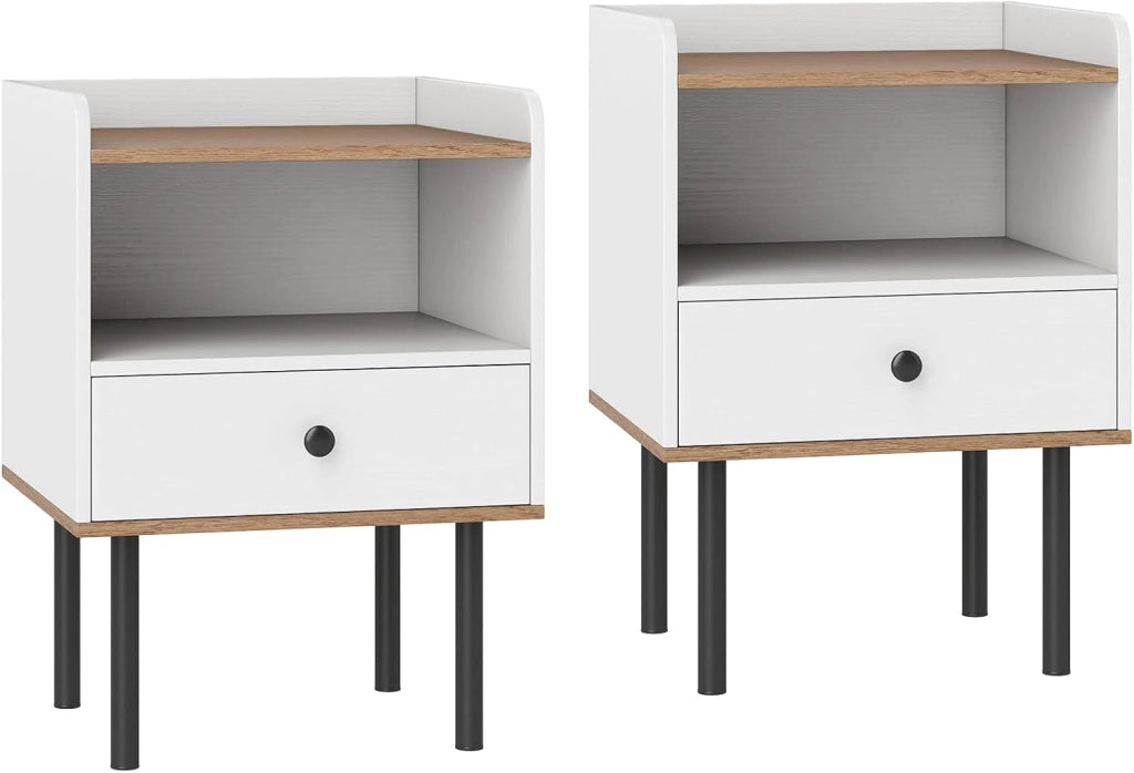 Set di 1/2 comodini, comodino con scomparto aperto e cassetto, stile moderno, gambe metalliche, 40,5 x 35 x 56 cm, tavolino ausiliario per camera da letto, soggiorno (bianco)