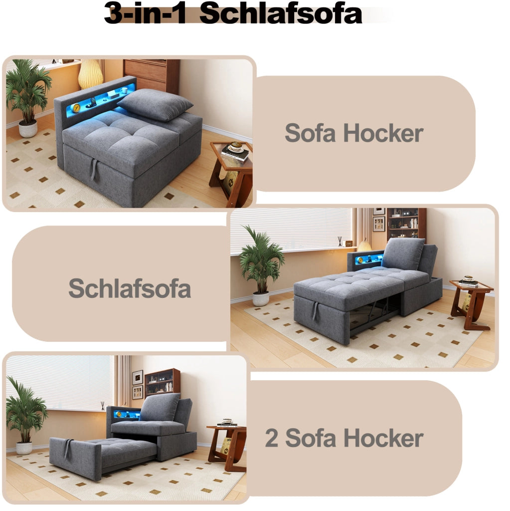 Divano letto 3 in 1 con schienale reclinabile; 177x68x65 cm; in lino grigio chiaro