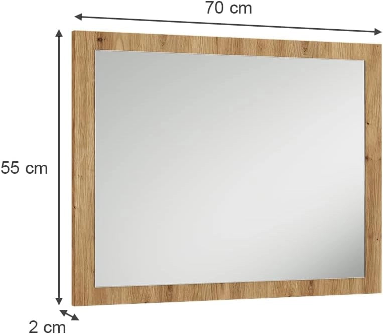 Specchio da parete Selena, Rovere artigianale, 70 x 55 cm, adatto al montaggio a parete per un'installazione salvaspazio
