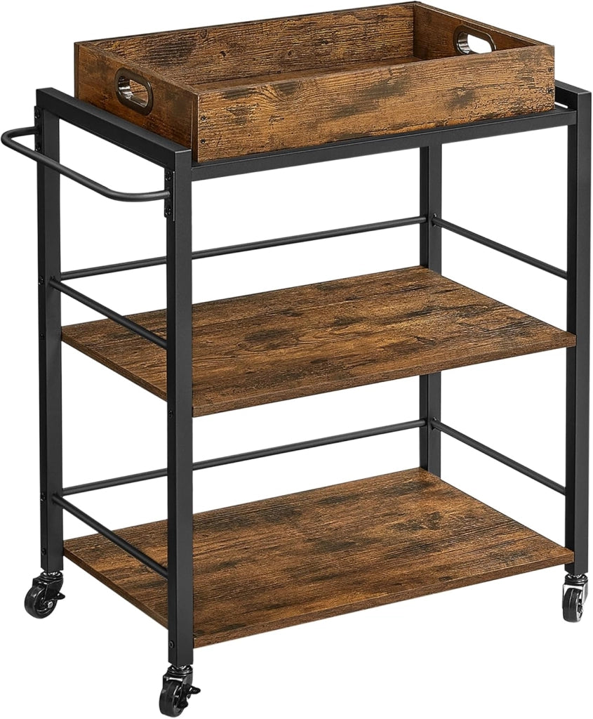 VASAGLE Carrello da Cucina con Vassoio Rimovibile, Carrello Portavivande Fisso o con Ruote, Struttura in Acciaio, Scaffale Cucina 40 x 72 x 86 cm, Greige e Nero Inchiostro LRC072B02