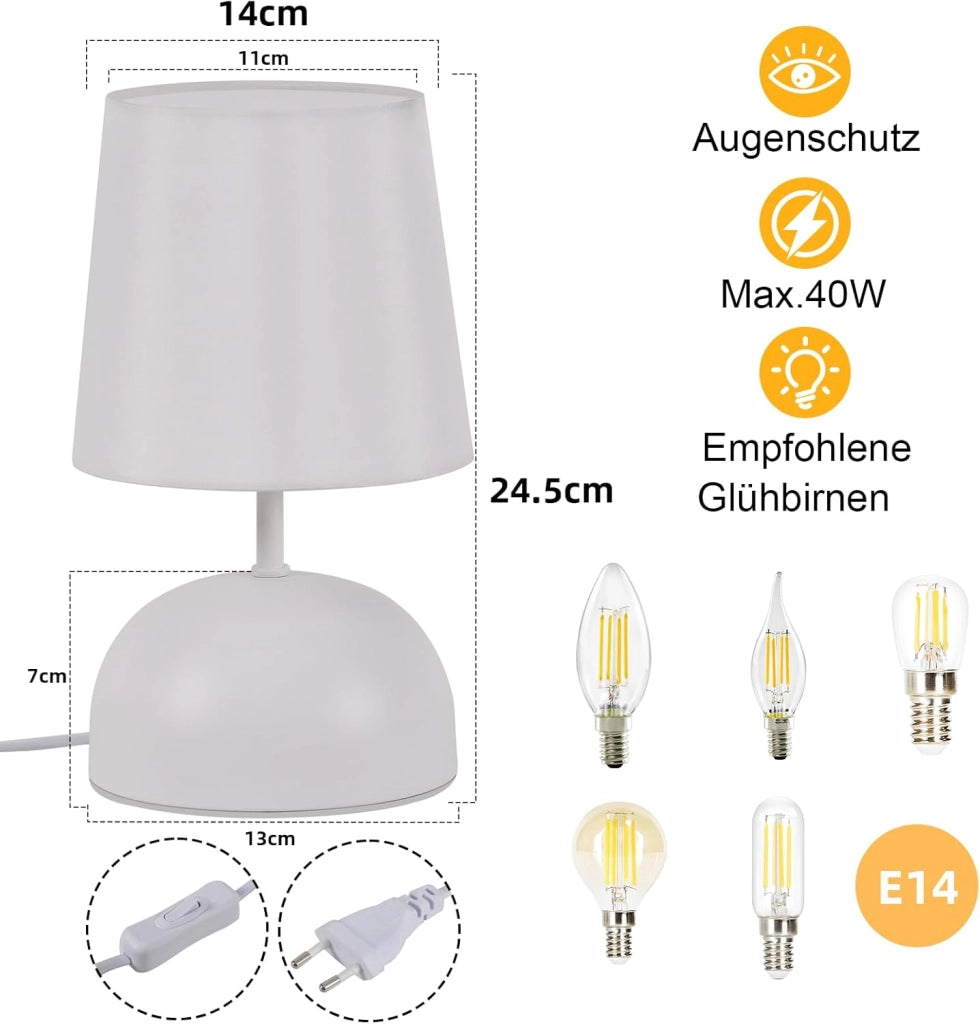 ZMH Lampada da comodino moderna bianca E14 lampada da tavolo per camera da letto o soggiorno (lampadina non inclusa)
