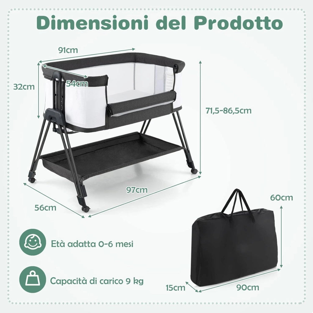 Lettino per Neonati, Culla Portatile Pieghevole con Ripiano Portaoggetti, 7 Altezze Regolabili, Materasso e Borsa per Trasporto (Grigio Scuro)