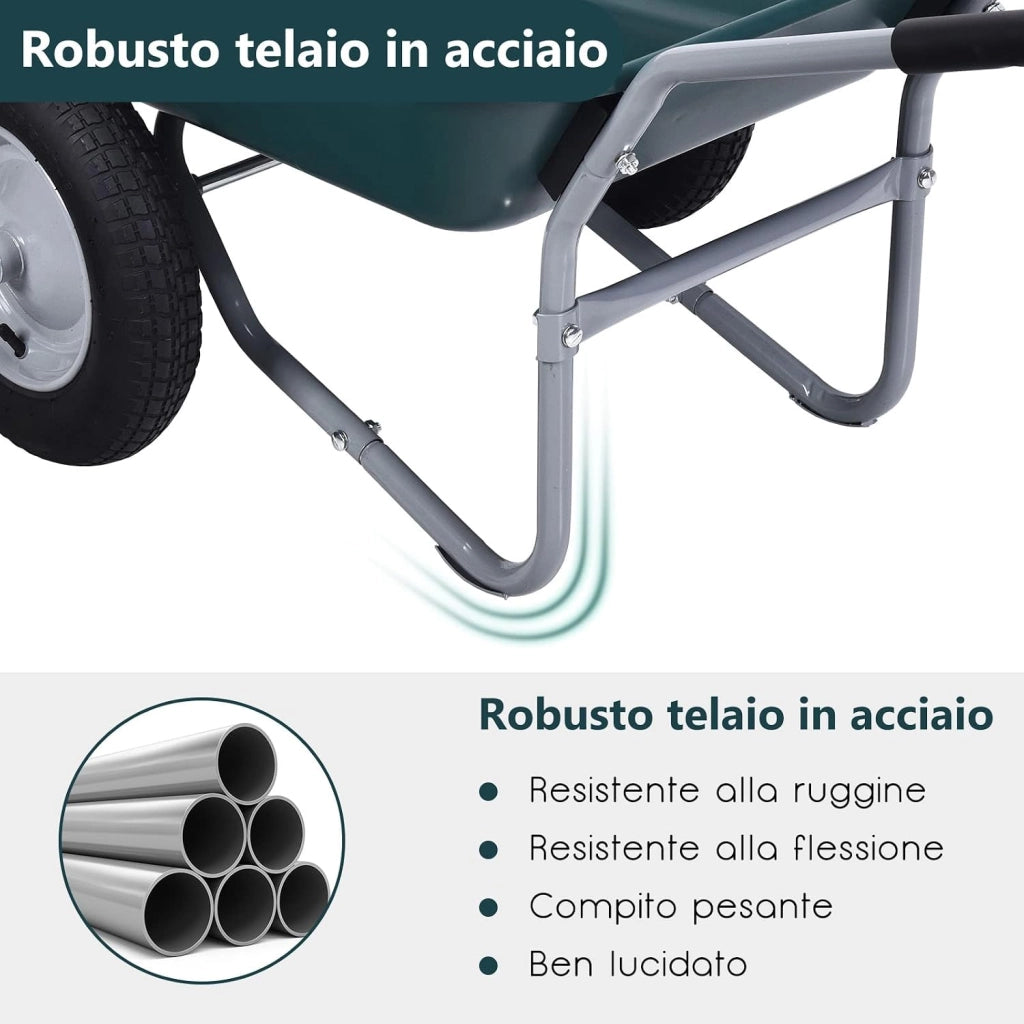 Carriola con 2 Ruote da Giardino, Carrello Resistente con Struttura in Acciaio Robusto, Ruote Pneumatiche 35,5 cm, Capacità 75L, Portata Max 100 kg (Verde)