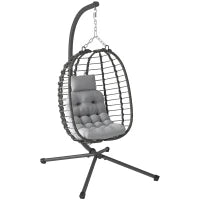 Sedia Sospesa in Rattan a Uovo con Cuscino e Poggiatesta, Altezza Regolabile e Seduta Richiudibile, Grigio