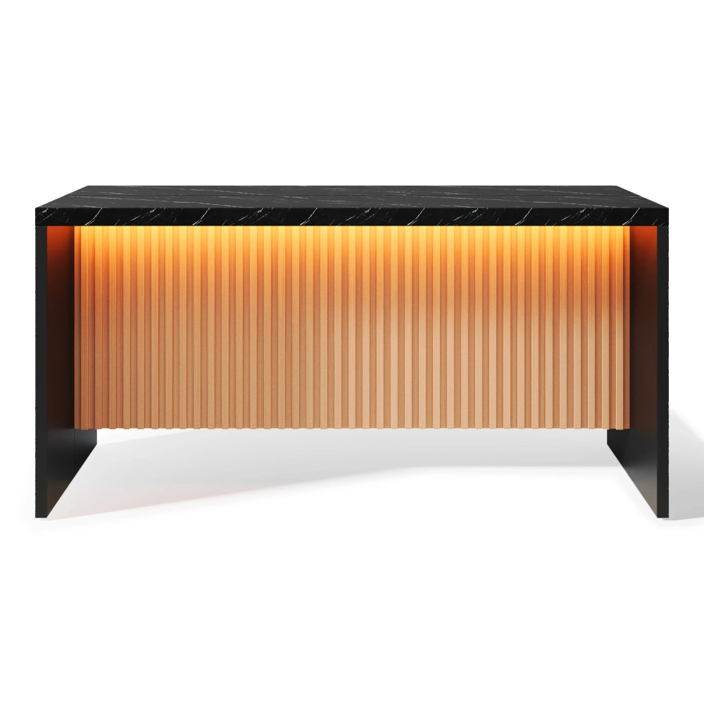 Isola cucina 155x80x90 cm in MDF nero effetto marmo, con LED, prese elettriche e porte USB, piano da 40 mm