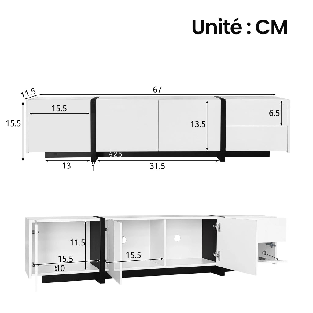 OKWISH Mobile TV con 3 Ante 1 Cassetto e 1 Anta a Ribalta, Frontali Lucidi, per Soggiorno, Bianco e Nero, 170 x 30 x 39 cm
