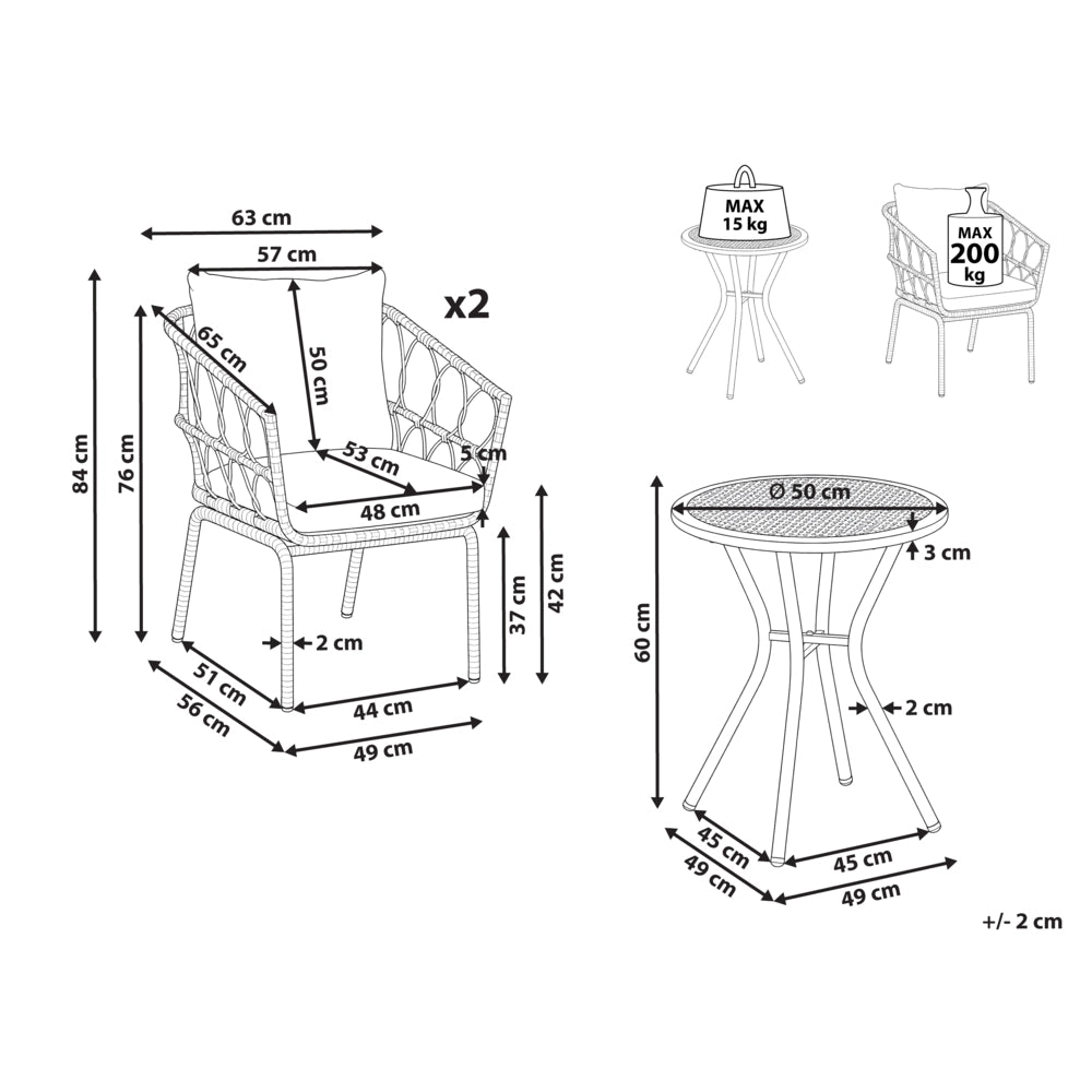 Set Bistro in Rattan PE Marrone Chiaro con Tavolino da Caffè in Metallo 2 Sedie Moderno Arredo da Giardino Esterno